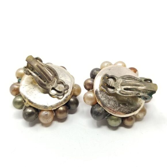 Vintage Neutral Tone Tan and Brown Beaded Cluster Clip On Earrings, Retro, Japan - Picture 5 of 6
